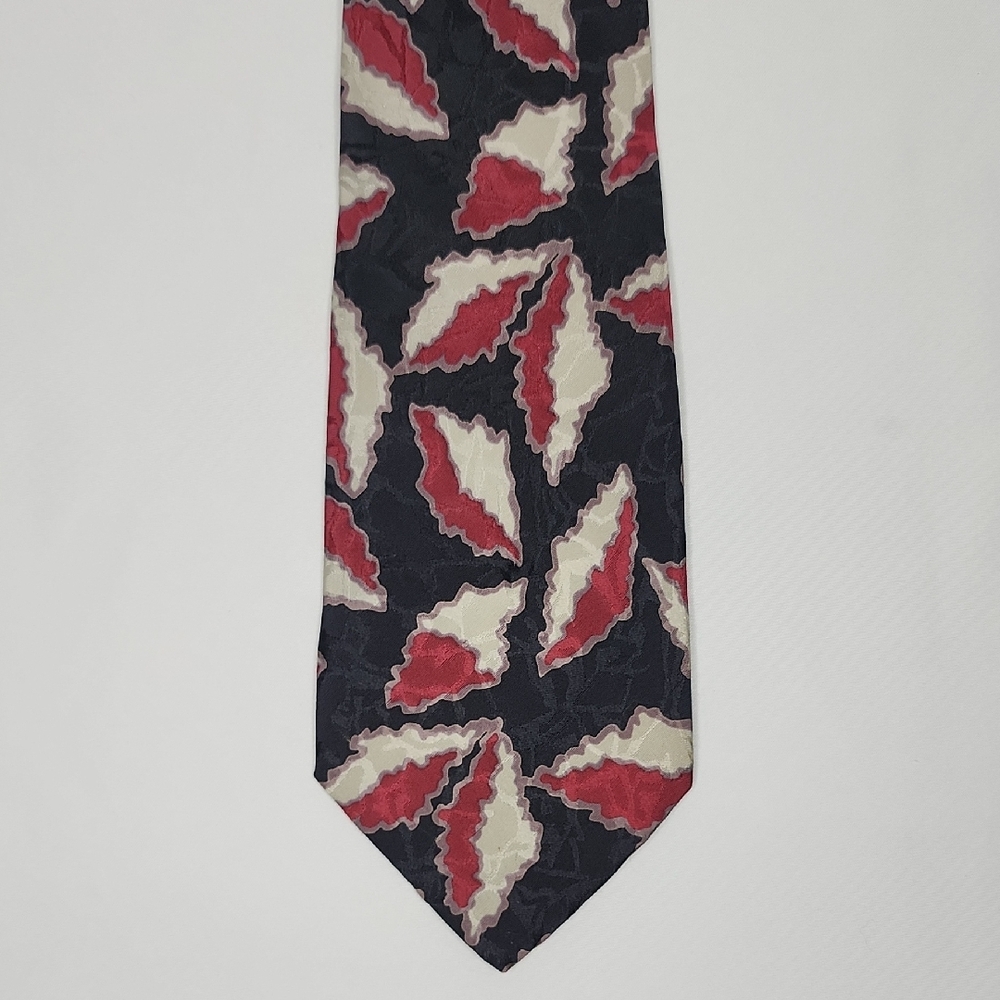 Vintage Giorgio Armani Silk Black Tie with Red and Cream Leaf Design
